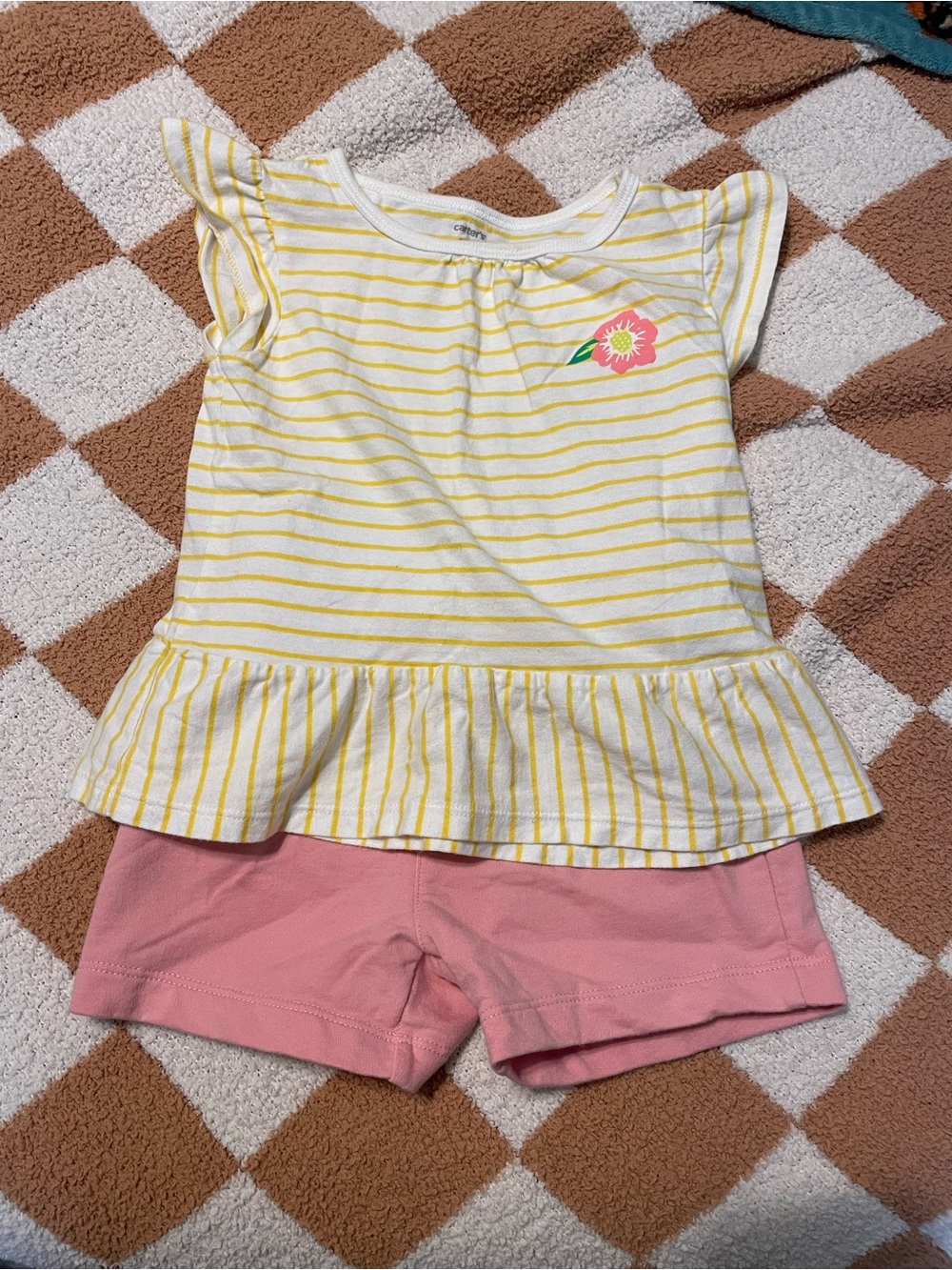 Carter's Yellow Striped Peplum Top & Pink Shorts Matching Set